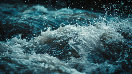 close up of a river in the night, flood, waves