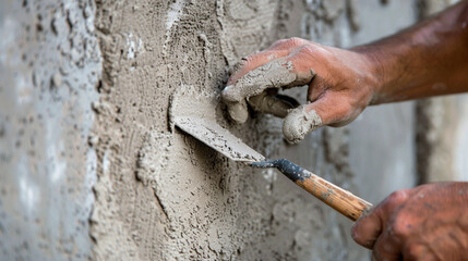 Worker hands using spatula and plastering old cement wall with putty. Closeup.