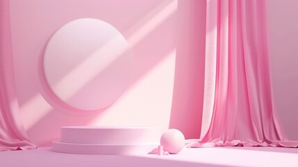Pink Minimalist Product Display with Curtain and Sphere
