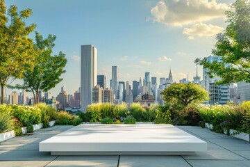 Fototapeta premium White podium in an urban rooftop garden, cityscape blending with greenery, modern and natural
