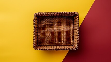 Empty square shape wicker basket on yellow and maroon background