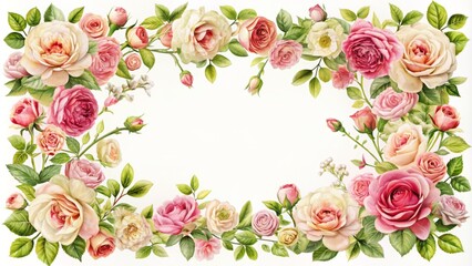 Delicate frame adorned with lush rose flowers against a crisp light white background, perfect for greeting card designs.