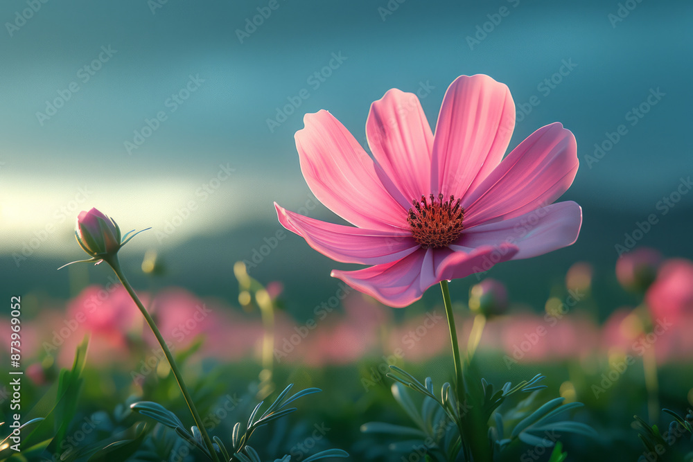 Aufkleber macro view of a single cartoon flower in a soft field, with simple, rounded shapes and a minimalist 