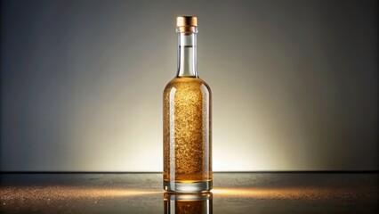 Golden luxury bottle with cork and label, filled with effervescent liquid, standing upright on a transparent glass-like surface alone.