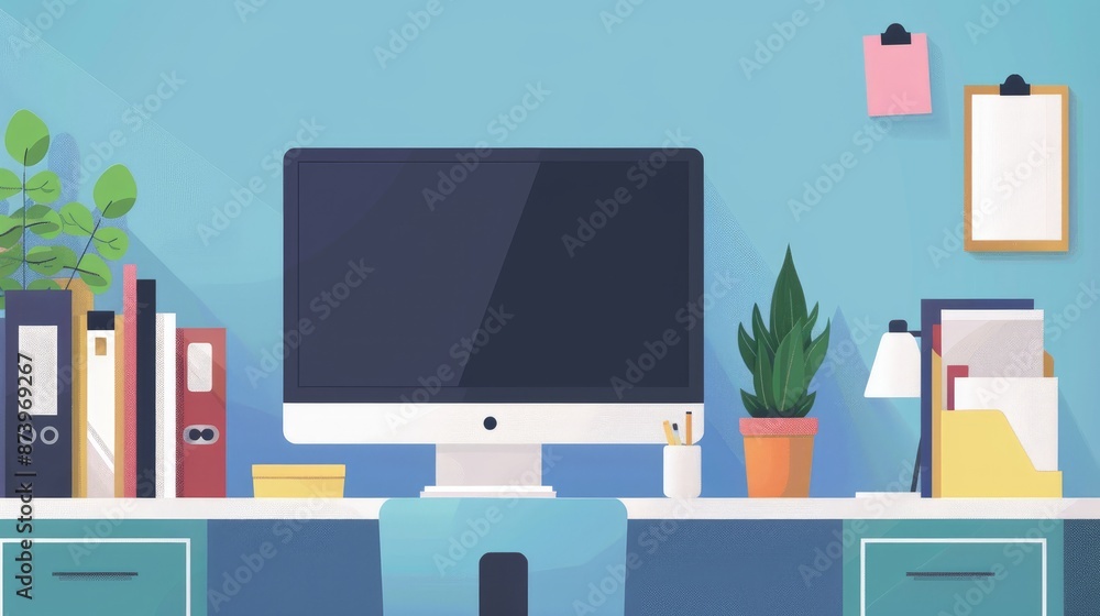Poster computer monitor displayed with folders and plants in office setting