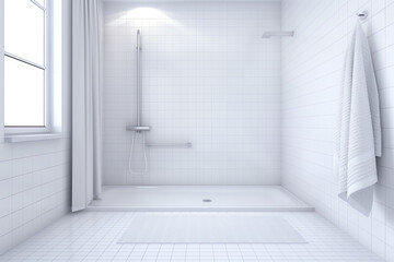 A bathroom with nonslip textured tiles, a safety grab bar, and a rubber bath mat, Practical, High detail, Safe and secure design