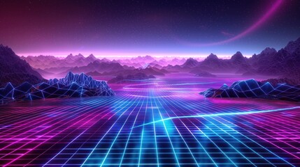 Retro Futuristic Landscape with Glowing Grid