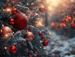A Christmas tree adorned with red ornaments and covered in snow.