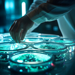 Naklejka premium Bioengineer Developing Futuristic Tissue Cultures in Petri Dish with Bright Lighting