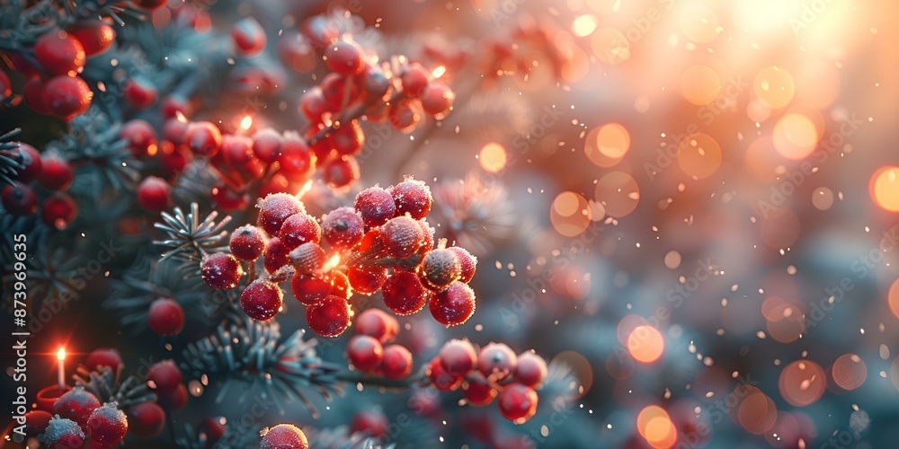Poster red berries on snow-covered tree branch with bokeh effect.