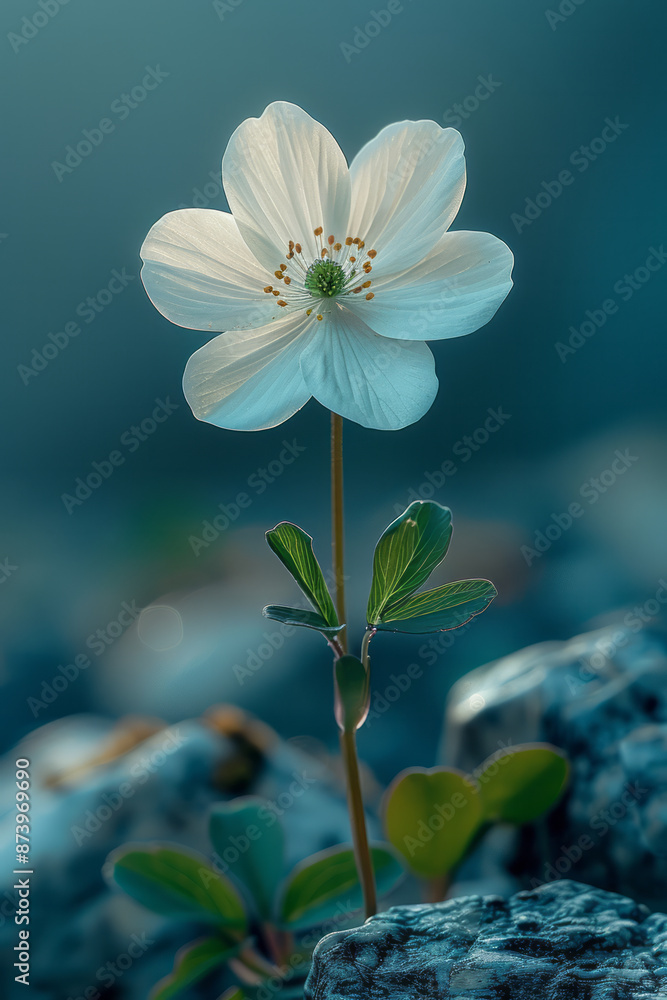 Poster macro shot of a single cartoon flower in a minimalist field, with soft colors and simple shapes,