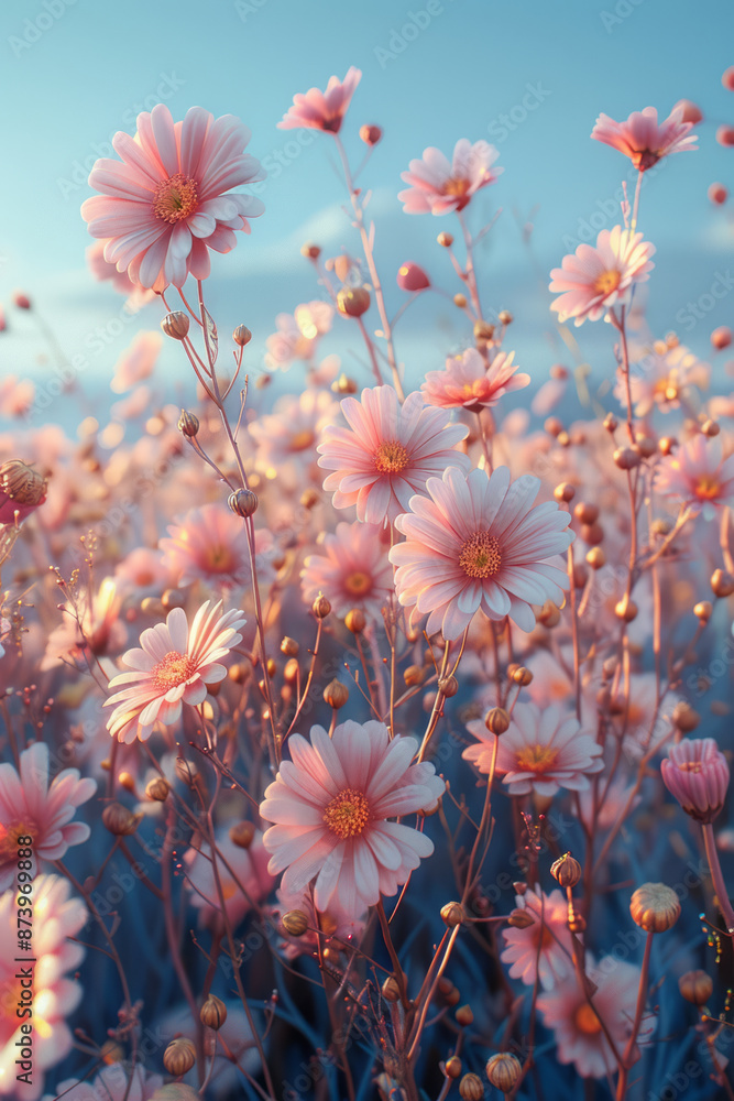 Poster close-up of a vector landscape with a field of soft flowers, featuring simple, rounded shapes and a 