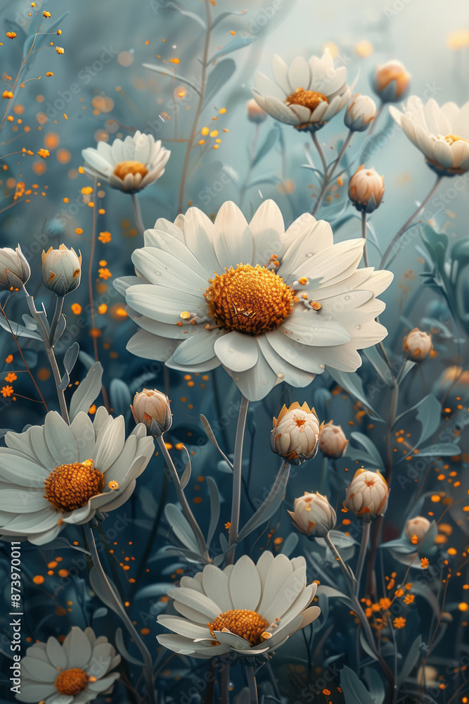 Poster close-up of a vector landscape with a field of soft flowers, featuring simple, rounded shapes and a 