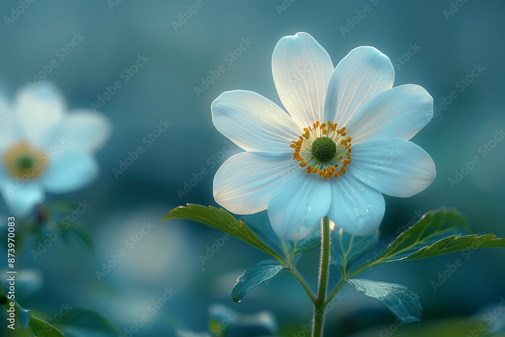 Poster macro view of a delicate cartoon flower in a soft field, with minimalist shading and subtle details,