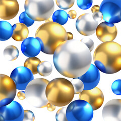 Abstract 3D background with spheres.Background with realistic balls. Glossy gold silver and blue falling balls background.Vector illustration
