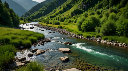 Fototapeta premium mountain landscape with river. green environment background, generative.ai 