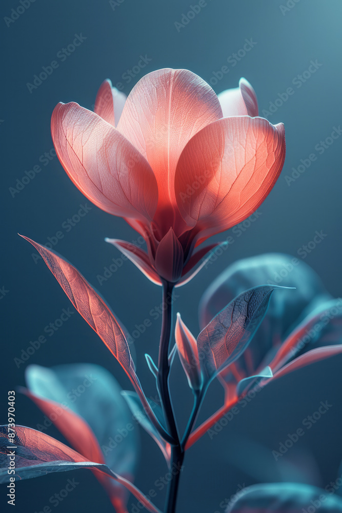Poster macro image of a single flower in a vector field, with soft colors and gentle curves in a minimalist