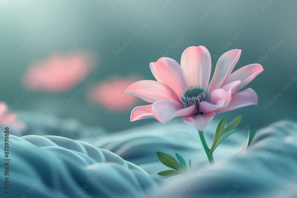 Poster macro view of a single cartoon flower in a soft, minimalist vector field, with subtle shading and ge