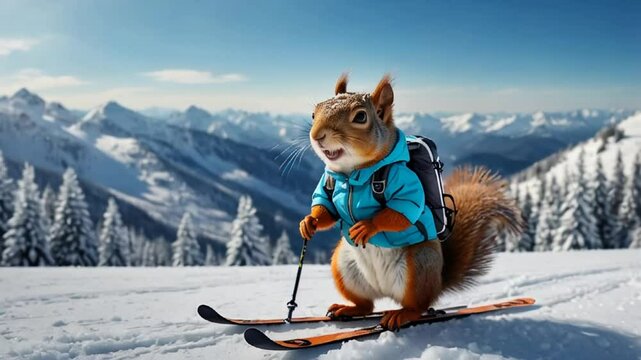 Cute cartoon squirrel skiing in winter
