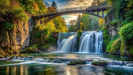 Obraz premium Bridge over a river with a stunning waterfall in the background, bridge, river, waterfall, nature, scenic, landscape, outdoor
