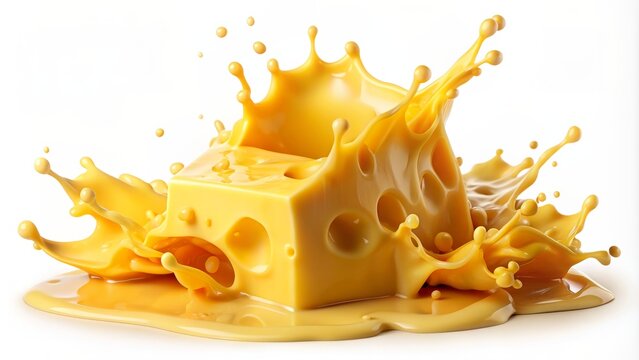 Vibrant yellow melted cheese splash with smooth rounded edges and intricate texture, isolated on a pristine white background.