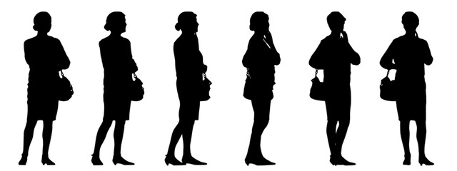 Vector concept or conceptual black silhouette of a woman holding a handbag different perspectives isolated on white background. A metaphor for urban life, leisure and lifestyle