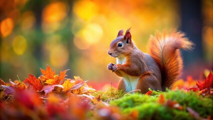 Obraz premium Beautiful red squirrel foraging in a colorful autumn forest , wildlife, nature, fall, orange, trees, foliage, woods, cute