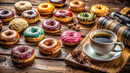 Colorful dessert spread with assorted glazed donuts, steaming coffee, and rustic wooden table surrounding a DSLR camera setup.