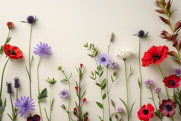 Obraz premium Colorful wildflowers arranged in a row against beige background showcasing various shapes and colors