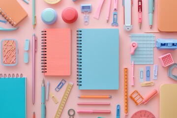 A flat lay of assorted school items - notebooks, pens, rulers, art supplies