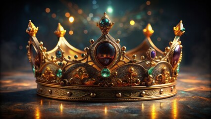 A solitary, ornate golden crown sits majestically isolated on a dark background, adorned with intricate etchings and sparkling gemstones.