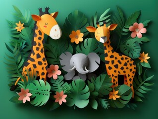 Naklejka premium Paper cut zoo animals in a lush jungle.