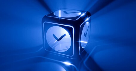 Iconic cube animation self emitting light rays through Time Clock symbol on blue misty dreamy environment fading to black background - Powered by Adobe