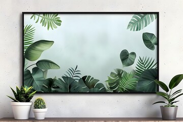 Framed artwork of tropical leaves with potted plants on a wooden shelf in a minimalist, modern room.