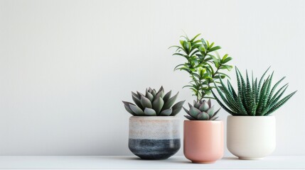 Fototapeta premium Succulent plants in modern ceramic pots on white background