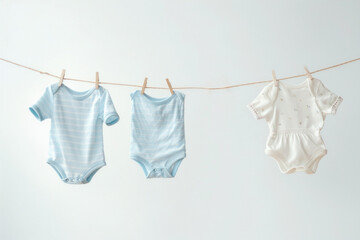 Baby clothes on a clothesline on white background