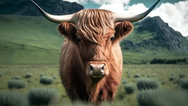 Domestic cow in pasture in green field nature landscape - 4k 9x16 vertical social media new stock video footage animation design AI	