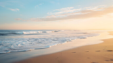 Fototapeta premium Serene Sunset Beach Landscape with Golden Sands and Gentle Waves