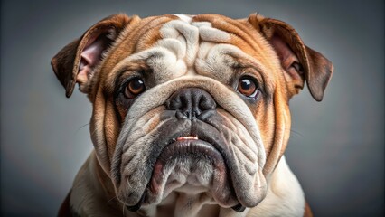 Fototapeta premium A close-up photo of a wrinkled Bulldog face with a playful expression, Bulldog, dog, pet, wrinkled, face, close-up, adorable