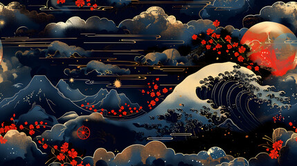 Harmonious Ukiyo e Inspired Seamless Pattern with Waves Cherry Blossoms and Traditional Elements