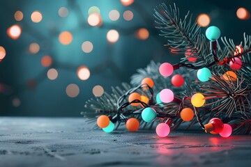 Colorful Christmas lights on pine branches with a bokeh background create festive holiday ambiance.