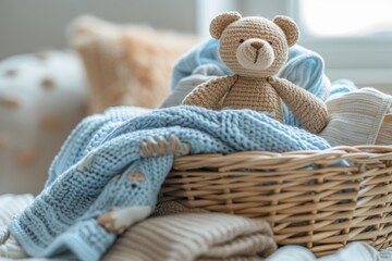 Stack of baby clothes with cute little toy bear in the basket and accessories for newborn, light blue and white colors