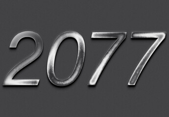 Chrome metal 3D number design of 2077 on grey background.