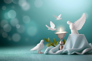 A serene scene with white doves around a lit candle and an angel statue on a soft teal background.