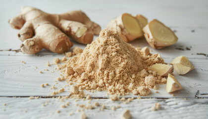 Dried ginger and ground ginger placed on a white wooden background.