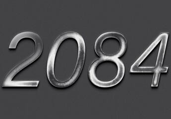 Chrome metal 3D number design of 2084 on grey background.
