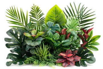 Fototapeta premium Vibrant collection of tropical plants with lush green and red leaves, creating a jungle-like feel
