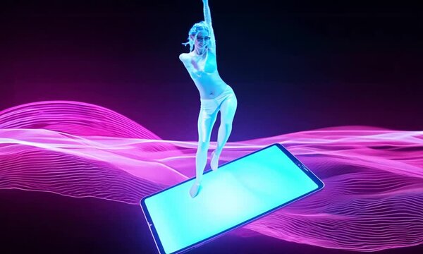 person in the blue dancing at tablet