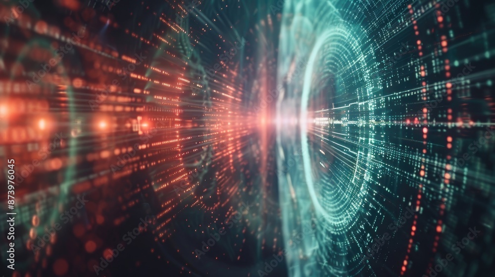Poster futuristic visualization of digital circles and sound waves with noise in big data