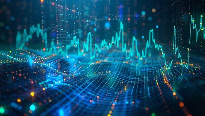 Fototapeta premium Stock market graph in blue and green colors on a dark background, showcasing financial analysis and planning with charts and graphs, set against an abstract digital backdrop to emphasize its role in b